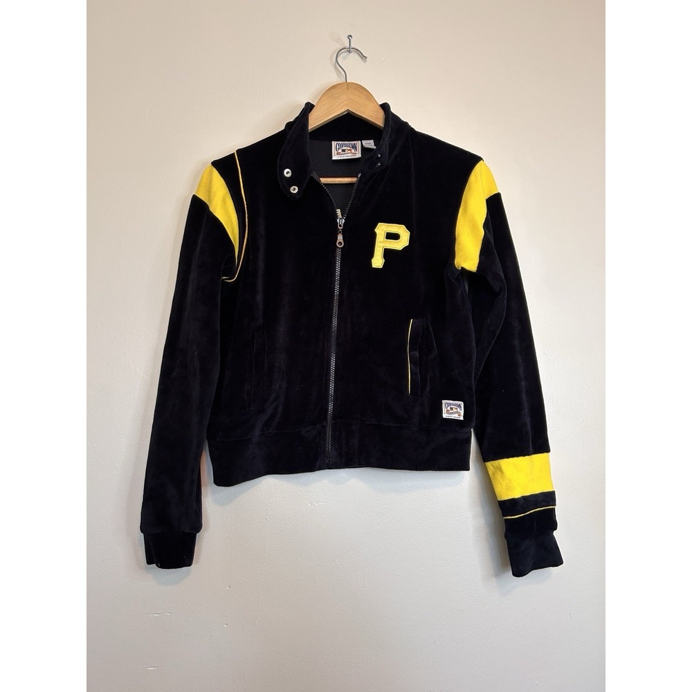 Vintage 1990's Cooperstown Pirates Track Jacket Small Black Gold Velour MLB